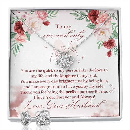 Gift to my Wife, 14k White Gold Over Stainless Steel Love Knot Necklace and Earring Set with Cubic Zirconia - A Message of Unbreakable Love - Perfect Gift for Her